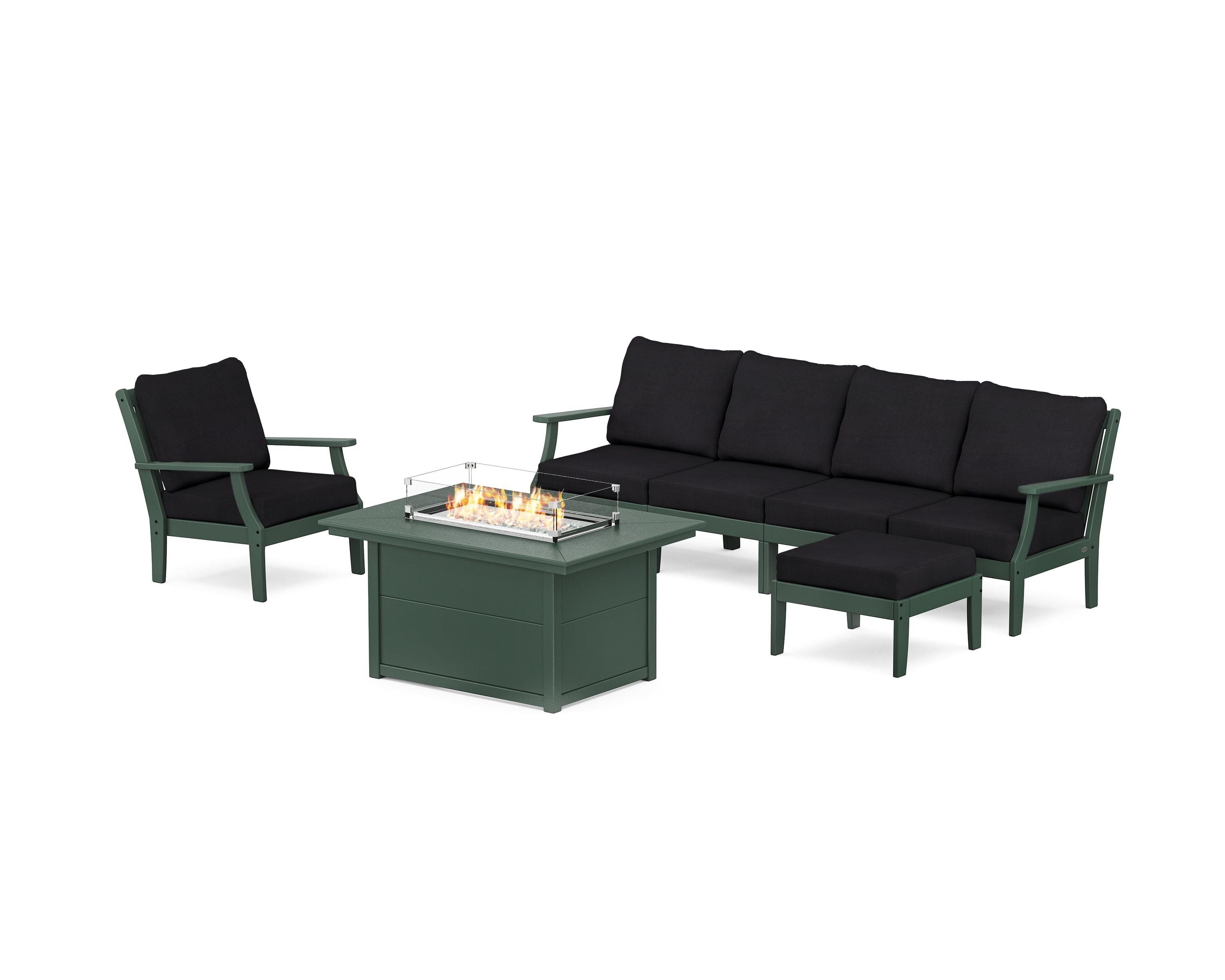 POLYWOOD® Braxton Sectional Lounge and Fire Pit Set in Green / Midnight Linen