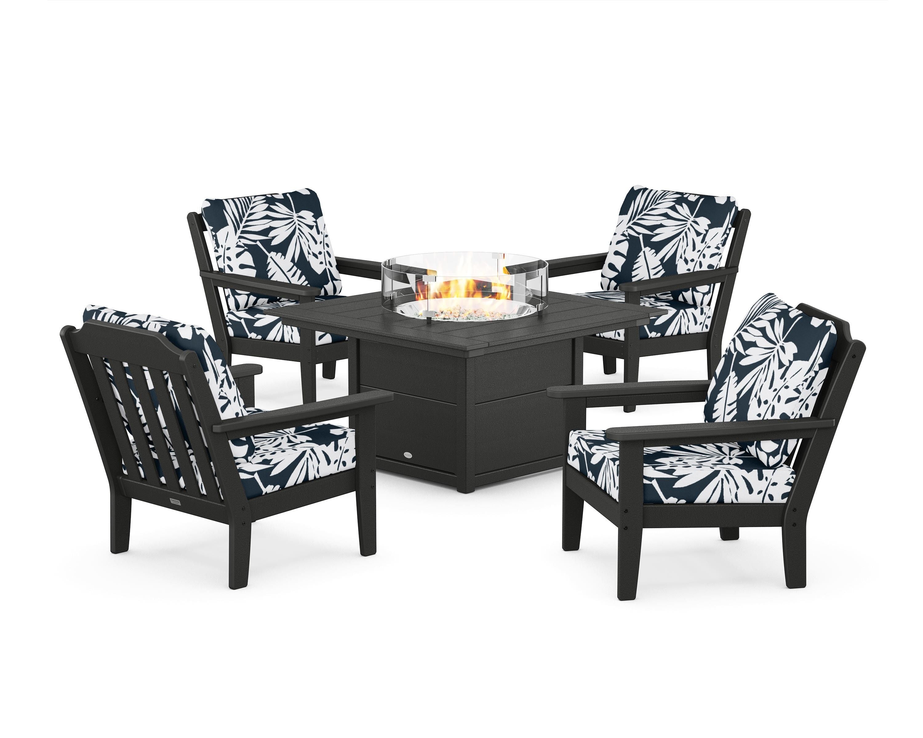 Country Living Cottage 5-Piece Deep Seating Set with Fire Pit Table in Black / Leaf Marine Indigo
