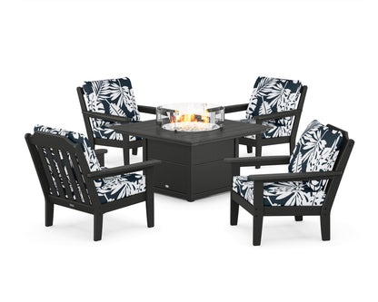 Country Living Cottage 5-Piece Deep Seating Set with Fire Pit Table in Black / Leaf Marine Indigo