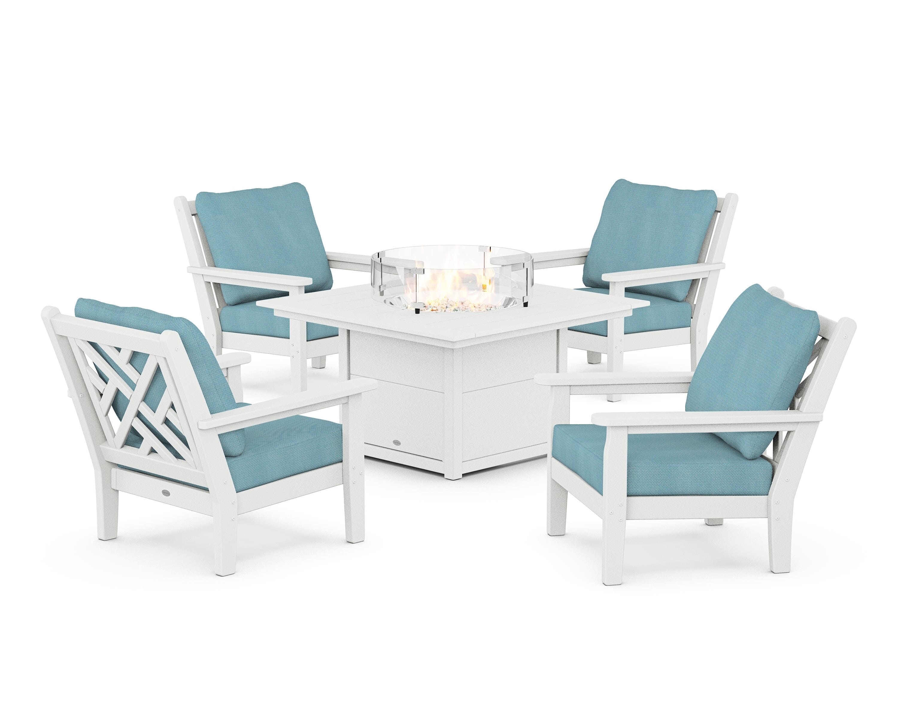 POLYWOOD® Chippendale 5-Piece Deep Seating Set with Fire Pit Table in White / Lattice Sky Blue