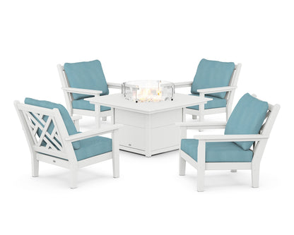 POLYWOOD® Chippendale 5-Piece Deep Seating Set with Fire Pit Table in White / Lattice Sky Blue