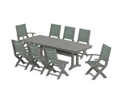 POLYWOOD® Coastal Folding 9-Piece Dining Set with Trestle Legs in Slate Grey / Dupioni Sea Mist Sling