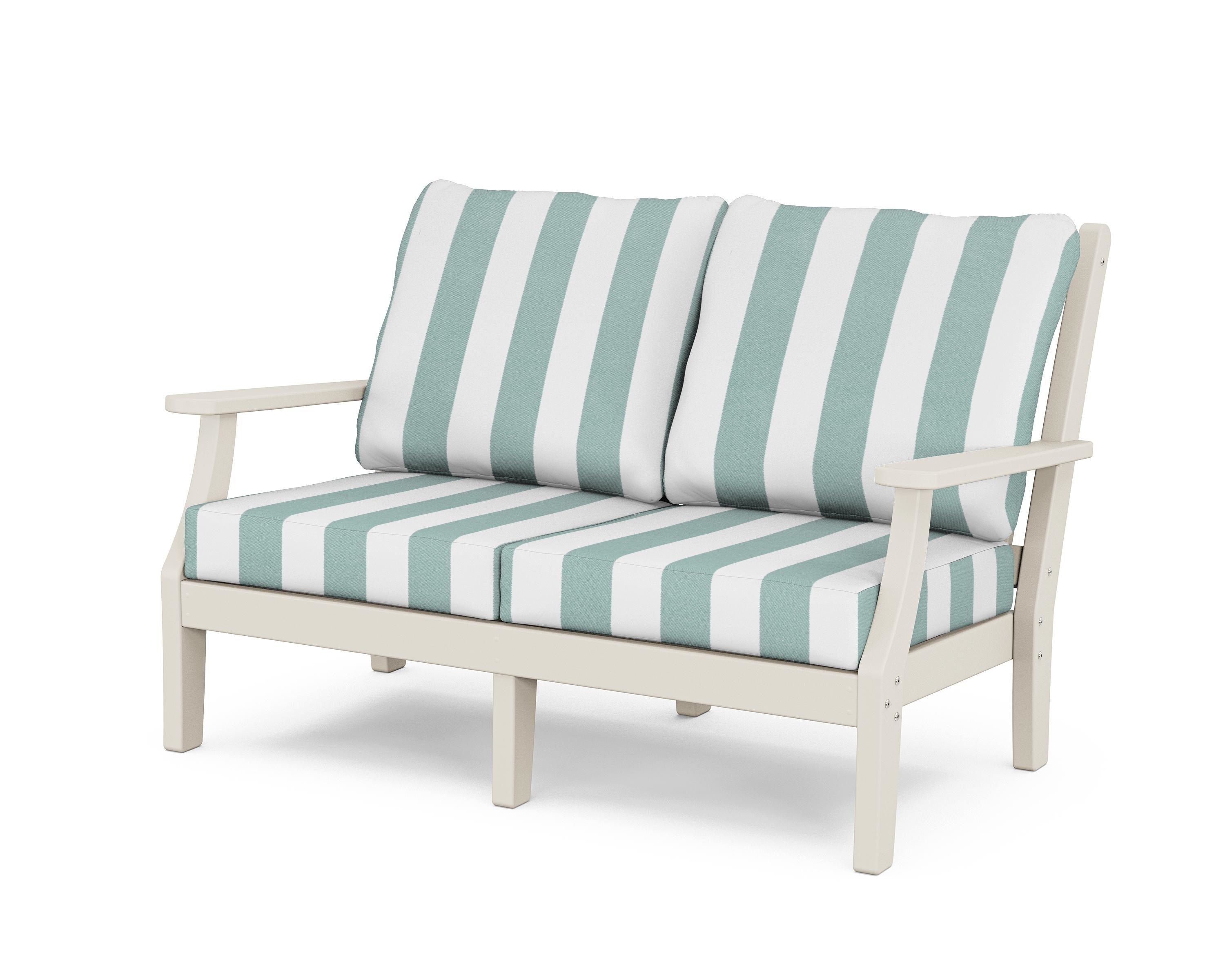 Country Living Wovendale Deep Seating Loveseat in Sand / Cabana Stripe Glacier Spa