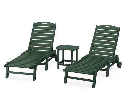 POLYWOOD® Nautical 3-Piece Chaise Lounge with Wheels Set with South Beach 18" Side Table in Green