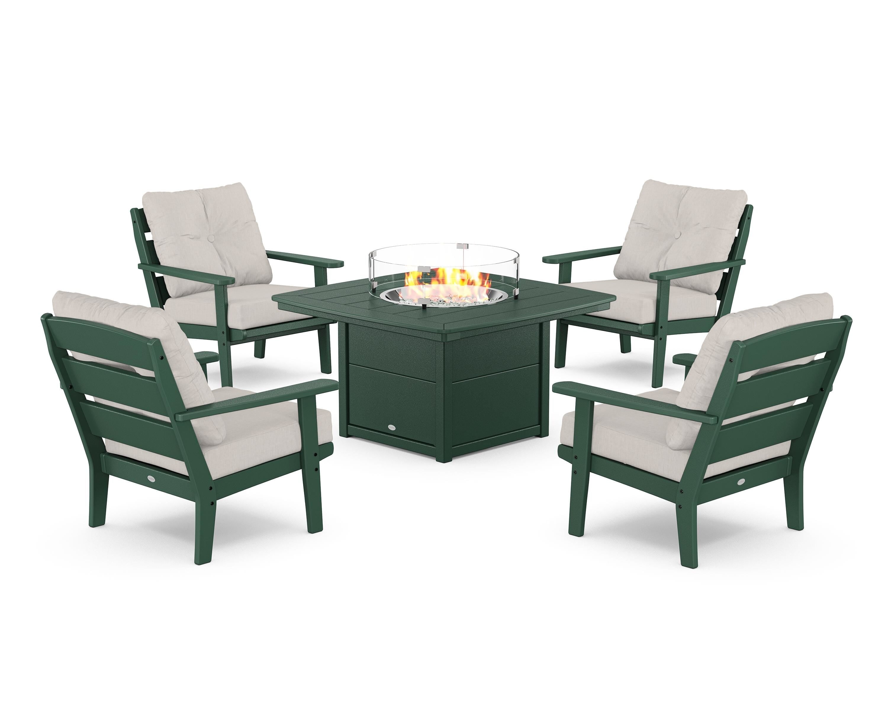 POLYWOOD® Lakeside 5-Piece Deep Seating Set with Nautical Fire Pit Table in Green / Cast Ash