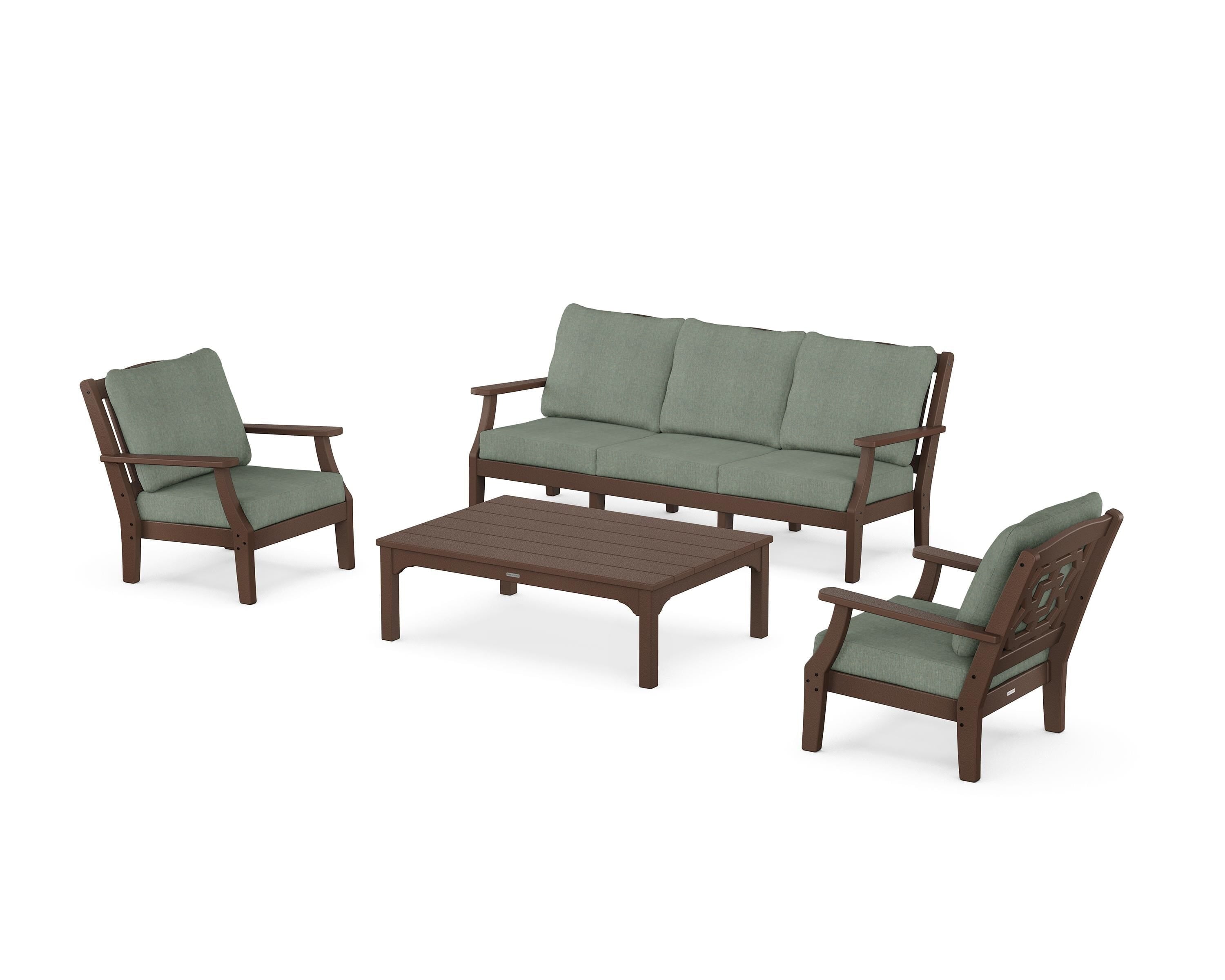 Martha Stewart by POLYWOOD® Chinoiserie 4-Piece Deep Seating Set with Sofa in Mahogany / Cast Sage