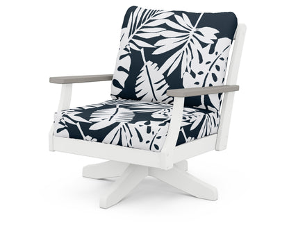 POLYWOOD® Braxton Deep Seating Swivel Chair in White / Driftwood / Leaf Marine Indigo