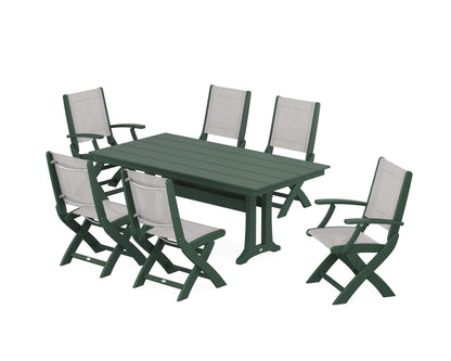 POLYWOOD® Coastal Folding Chair 7-Piece Farmhouse Dining Set with Trestle Legs in Green / Parchment Sling
