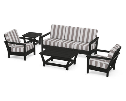 POLYWOOD® Harbour 5-Piece Deep Seating Set in Black / Cabana Stripe Grey Mist