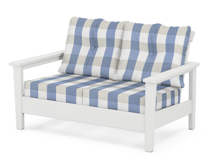 POLYWOOD® Prescott Deep Seating Loveseat in White / Buffalo Plaid Sky Blue
