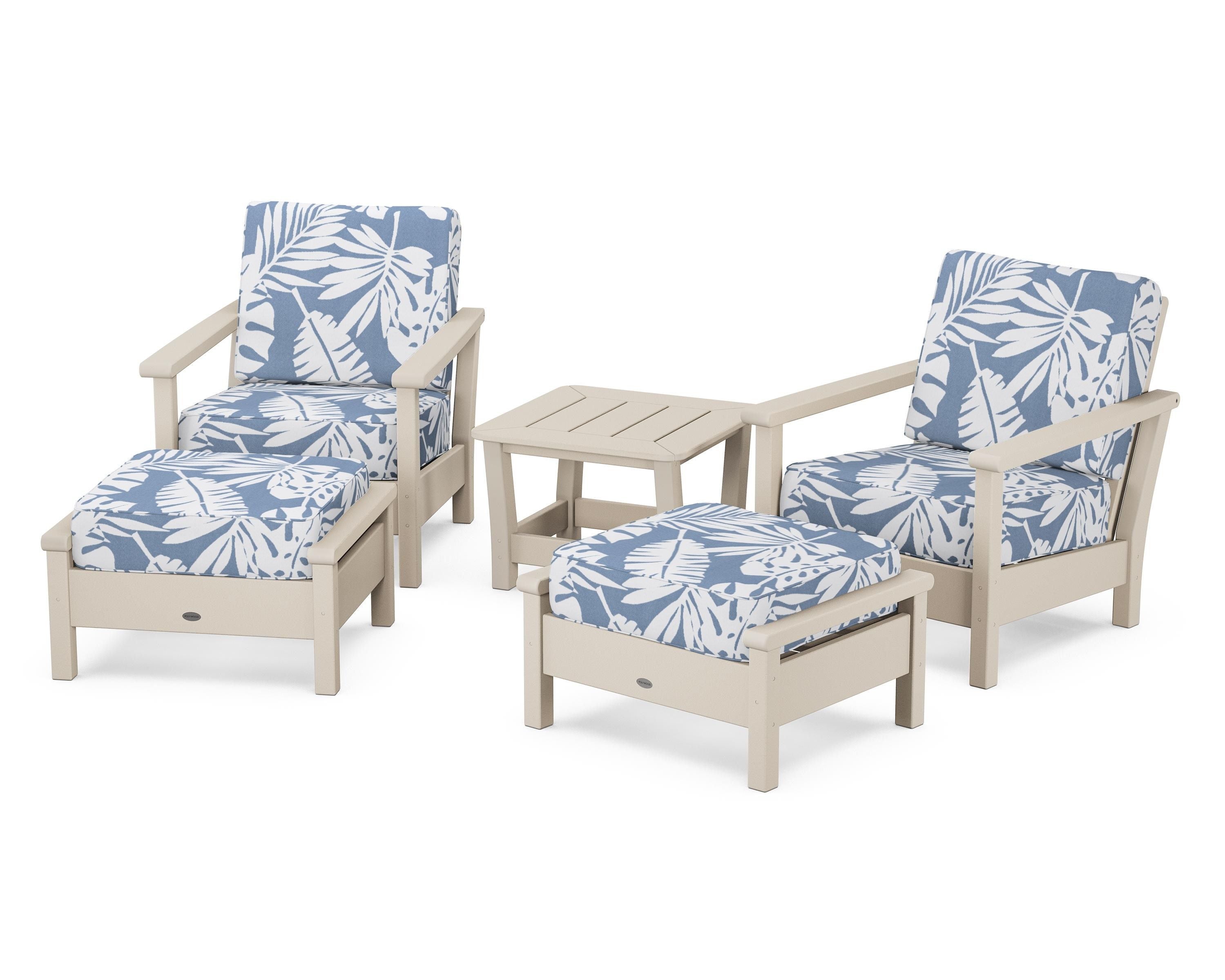 POLYWOOD® Harbour 5-Piece Deep Seating Chair Set in Sand / Leaf Sky Blue