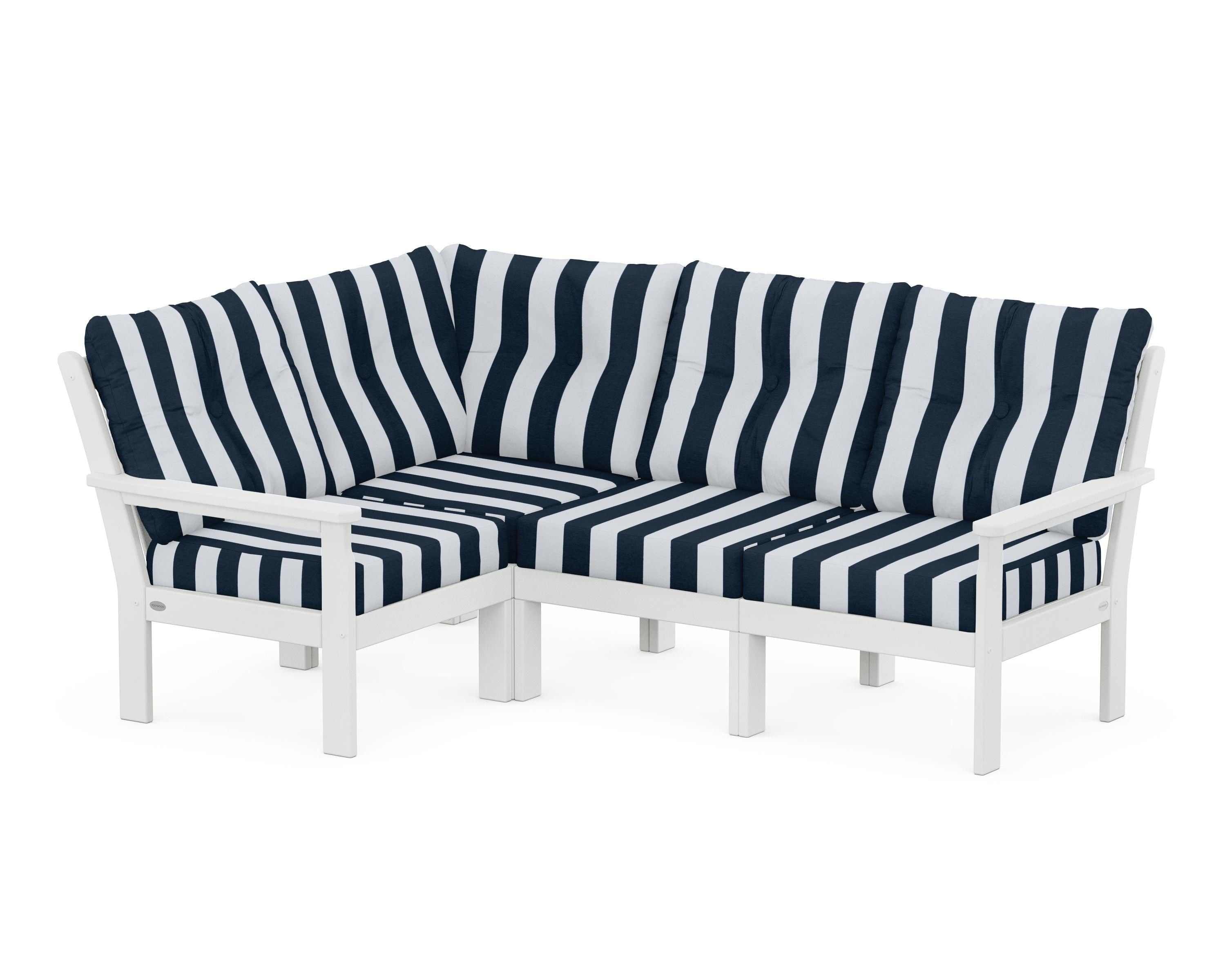 POLYWOOD® Vineyard 4-Piece Sectional in White / Cabana Stripe Marine Indigo