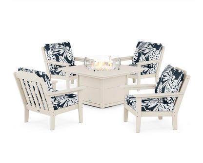 Country Living Cottage 5-Piece Deep Seating Set with Fire Pit Table in Sand / Leaf Marine Indigo