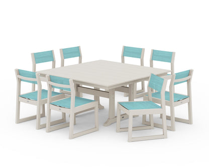 POLYWOOD® EDGE Sling Side Chair 9-Piece Farmhouse Trestle Dining Set in Sand / Dupioni Aquamarine Sling