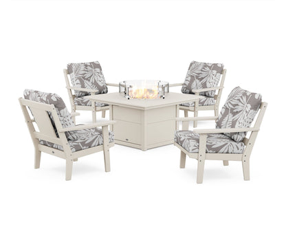 POLYWOOD® Prairie 5-Piece Deep Seating Set with Fire Pit Table in Sand / Leaf Grey Mist
