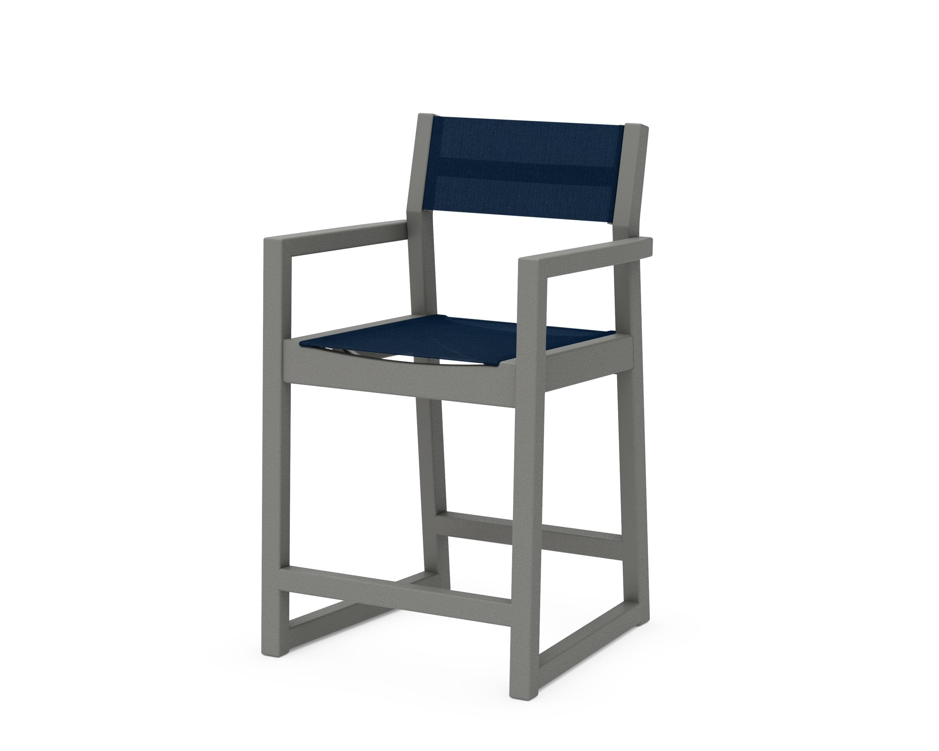 POLYWOOD® EDGE Sling Counter Arm Chair in Slate Grey / Navy Blue Sling