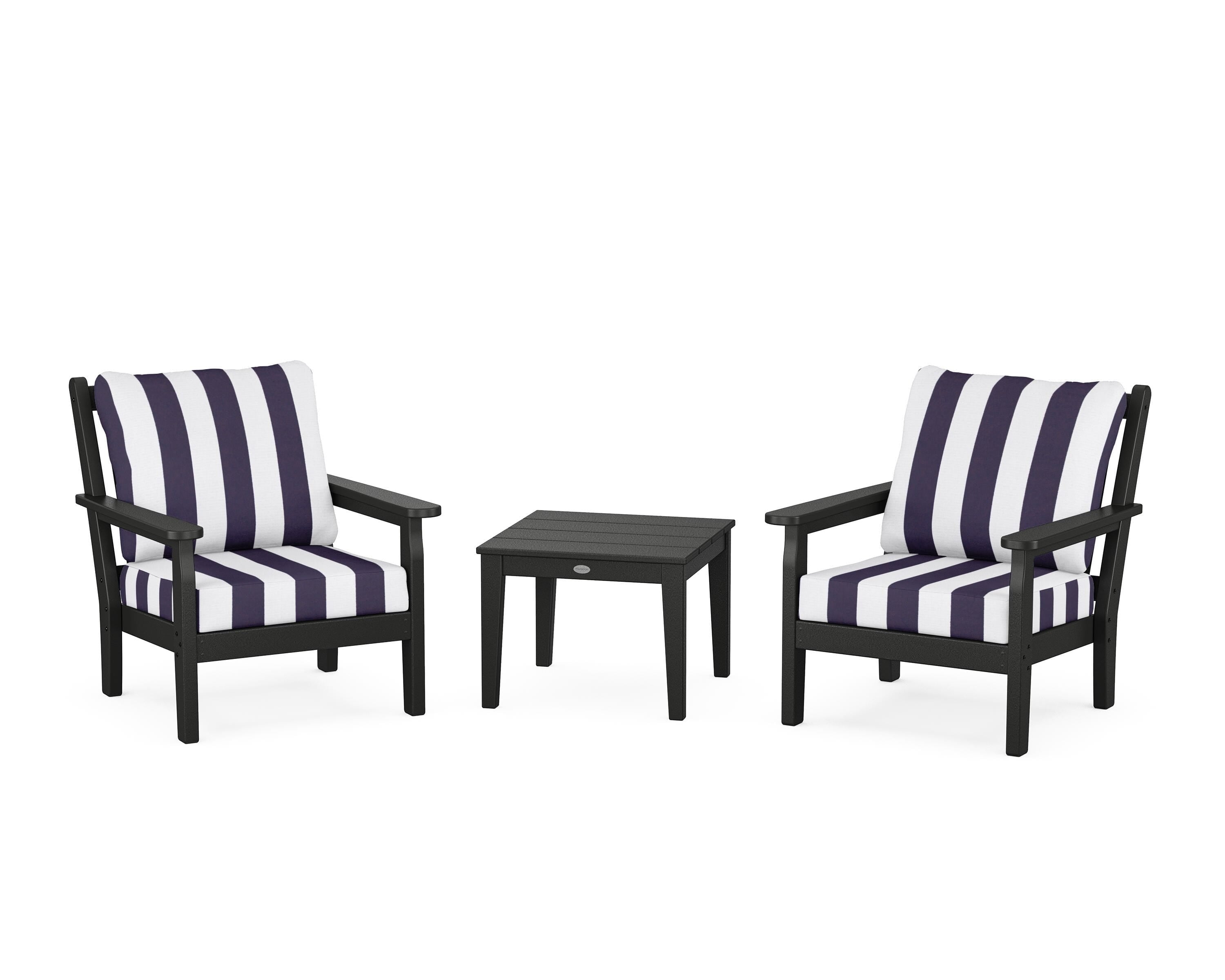 POLYWOOD® Chippendale 3-Piece Deep Seating Set in Black / Cabana Stripe Navy