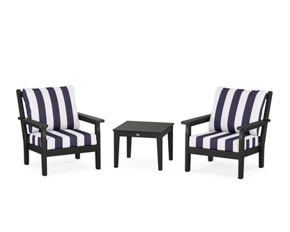 POLYWOOD® Chippendale 3-Piece Deep Seating Set in Black / Cabana Stripe Navy