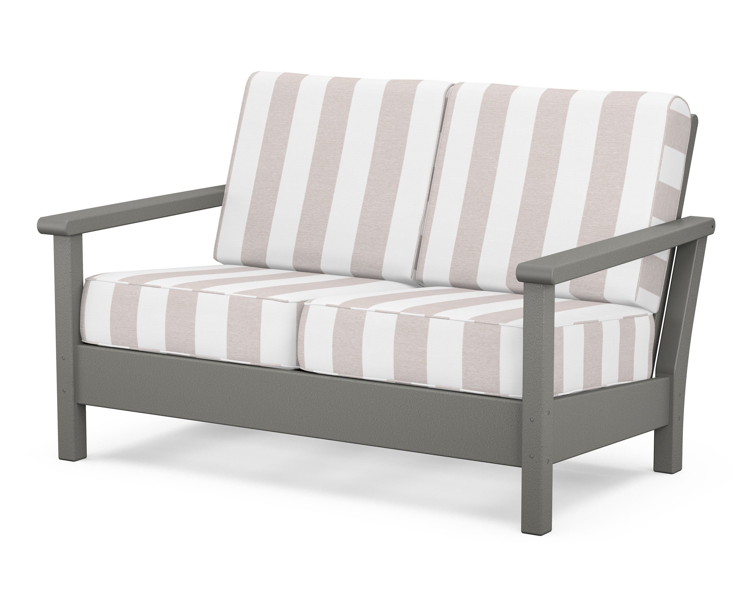POLYWOOD® Harbour Deep Seating Loveseat in Slate Grey / Cabana Stripe Dune Burlap