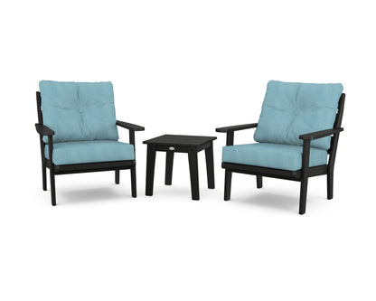 POLYWOOD® Lakeside 3-Piece Deep Seating Chair Set in Black / Lattice Sky Blue