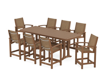 POLYWOOD® Coastal 9-Piece Counter Set with Trestle Legs in Teak / Burlap Sling