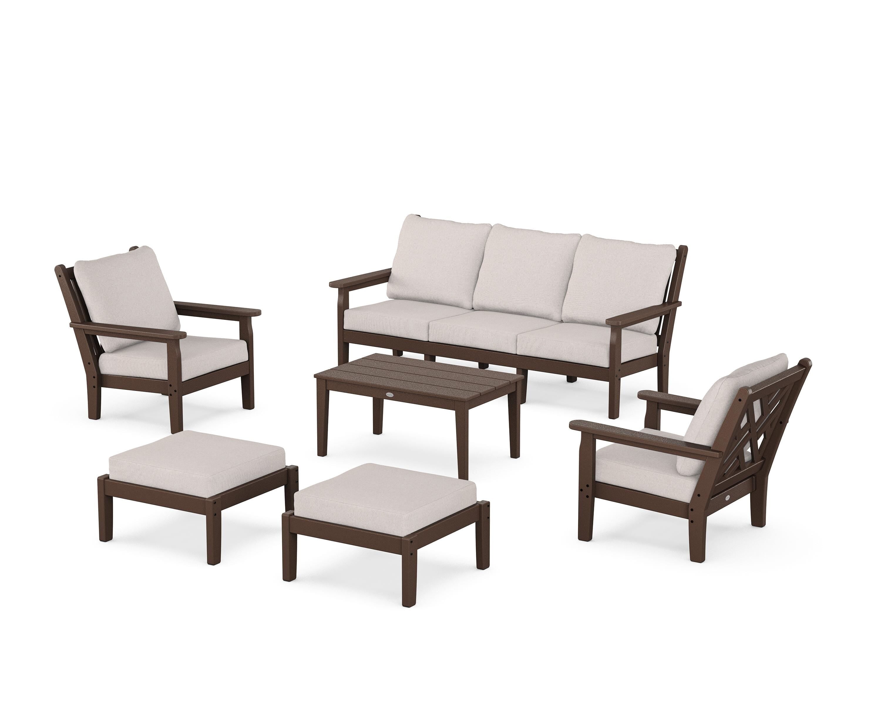 POLYWOOD® Chippendale 6-Piece Lounge Sofa Set in Mahogany / Dune Burlap