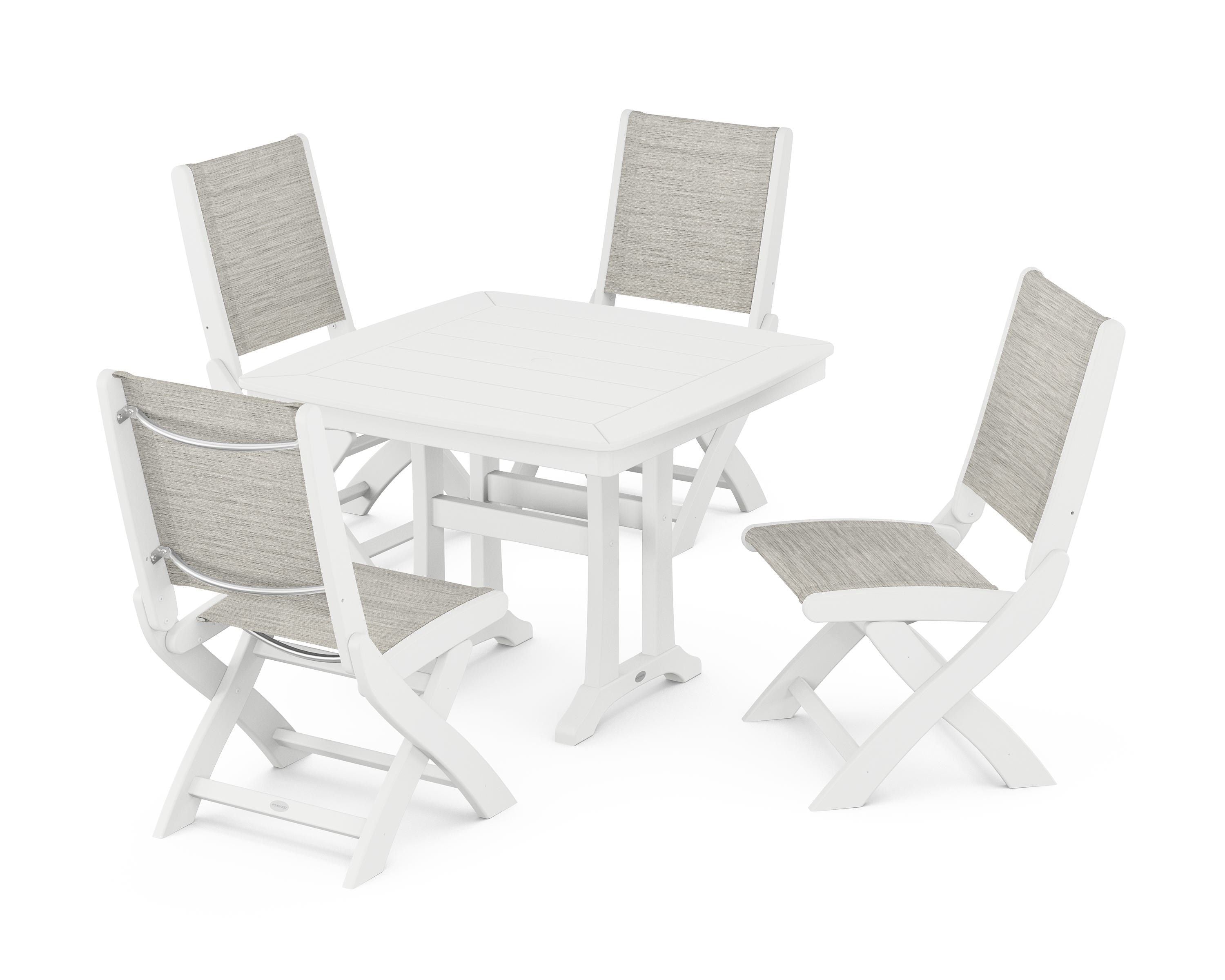 POLYWOOD® Coastal Folding Side Chair 5-Piece Dining Set with Trestle Legs in White / Birch Sling