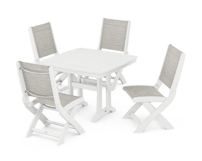POLYWOOD® Coastal Folding Side Chair 5-Piece Dining Set with Trestle Legs in White / Birch Sling