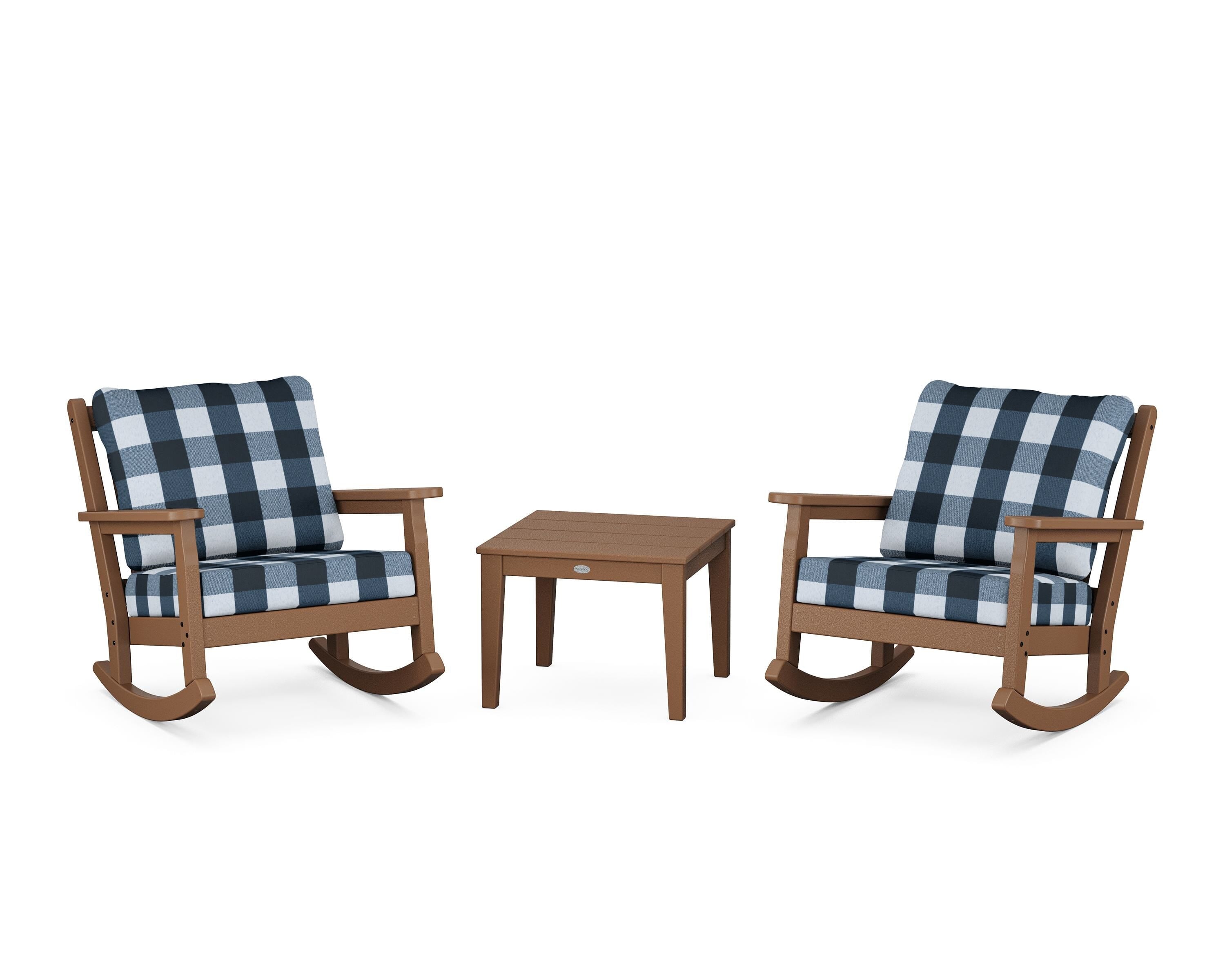 POLYWOOD® Chippendale 3-Piece Deep Seating Rocker Set in Teak / Buffalo Plaid Marine Indigo
