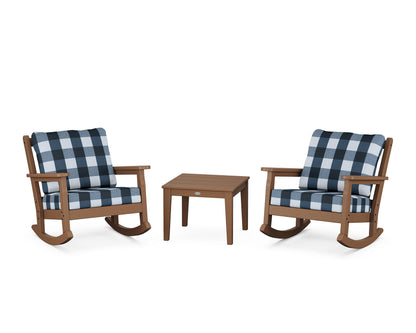 POLYWOOD® Chippendale 3-Piece Deep Seating Rocker Set in Teak / Buffalo Plaid Marine Indigo