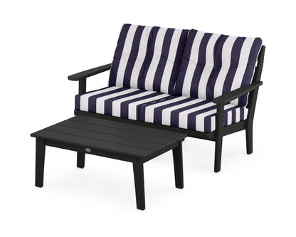 POLYWOOD® Lakeside 2-Piece Lounge Loveseat Set in Black / Cabana Stripe Navy