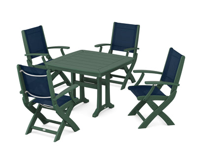 POLYWOOD® Coastal Folding Chair 5-Piece Dining Set with Trestle Legs in Green / Navy Blue Sling
