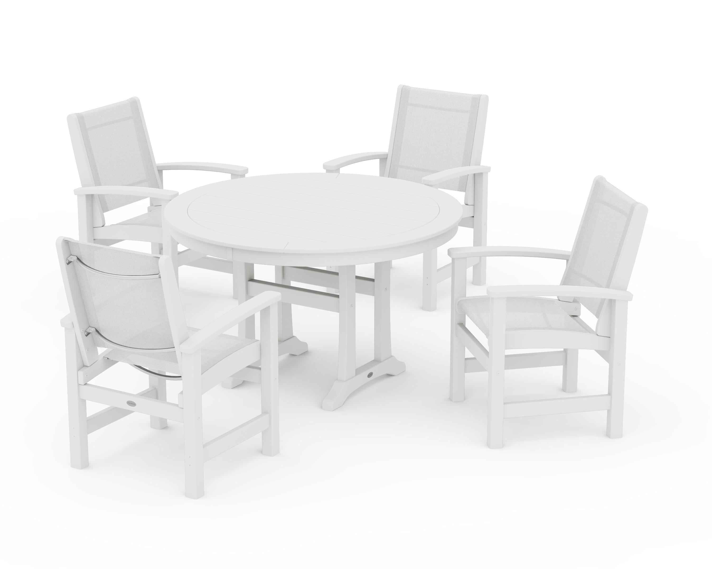 POLYWOOD® Coastal 5-Piece Round Dining Set with Trestle Legs in White / White Sling