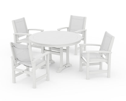 POLYWOOD® Coastal 5-Piece Round Dining Set with Trestle Legs in White / White Sling