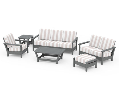POLYWOOD® Harbour 6-Piece Outdoor Living Set in Slate Grey / Cabana Stripe Dune Burlap