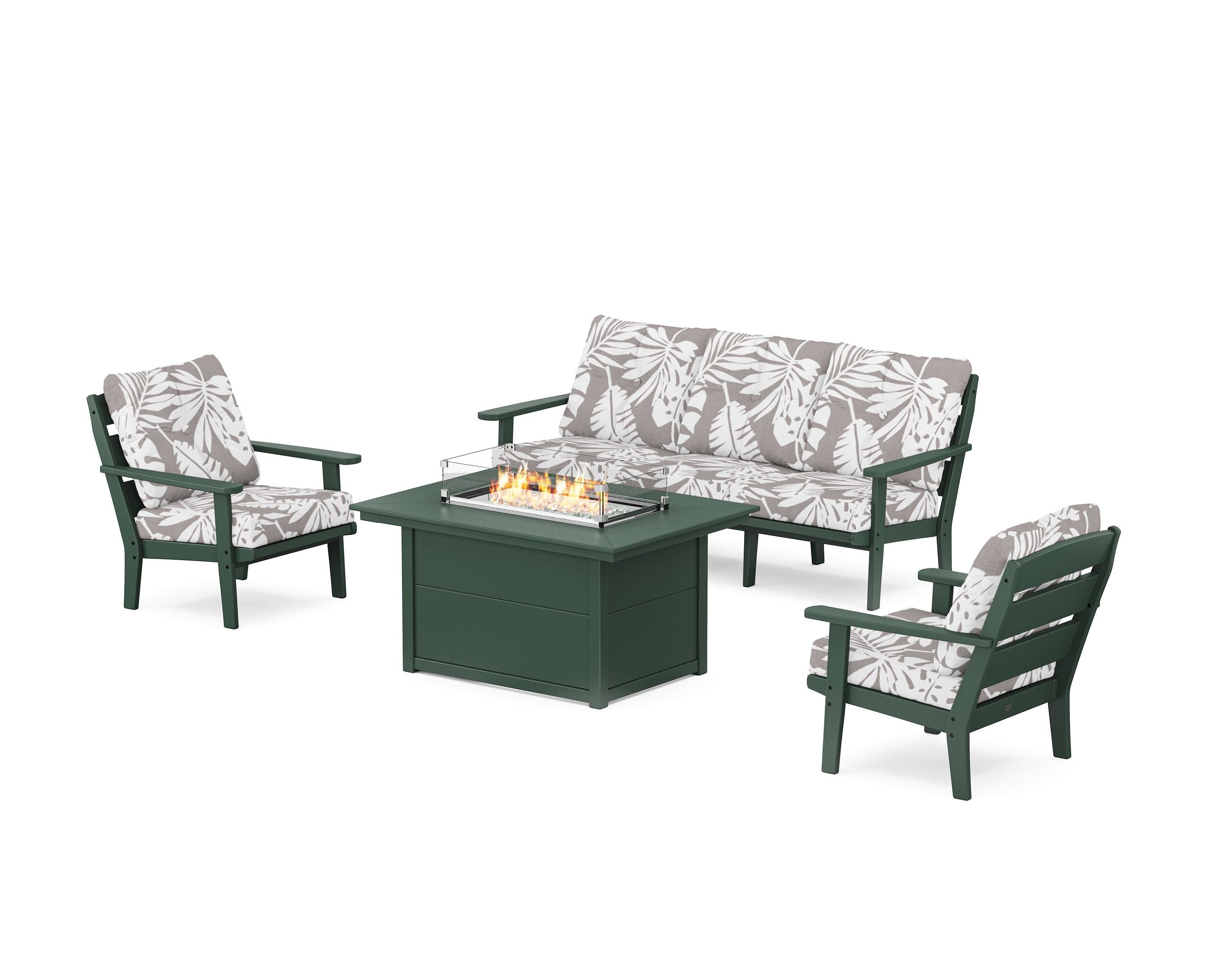 POLYWOOD® Lakeside Deep Seating Fire Pit Table Set in Green / Leaf Grey Mist