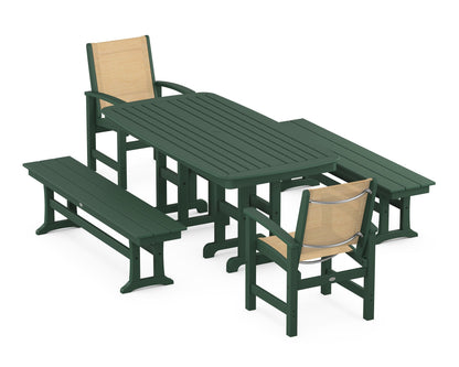 POLYWOOD® Coastal 5-Piece Dining Set in Green / Dupioni Apricot Sling