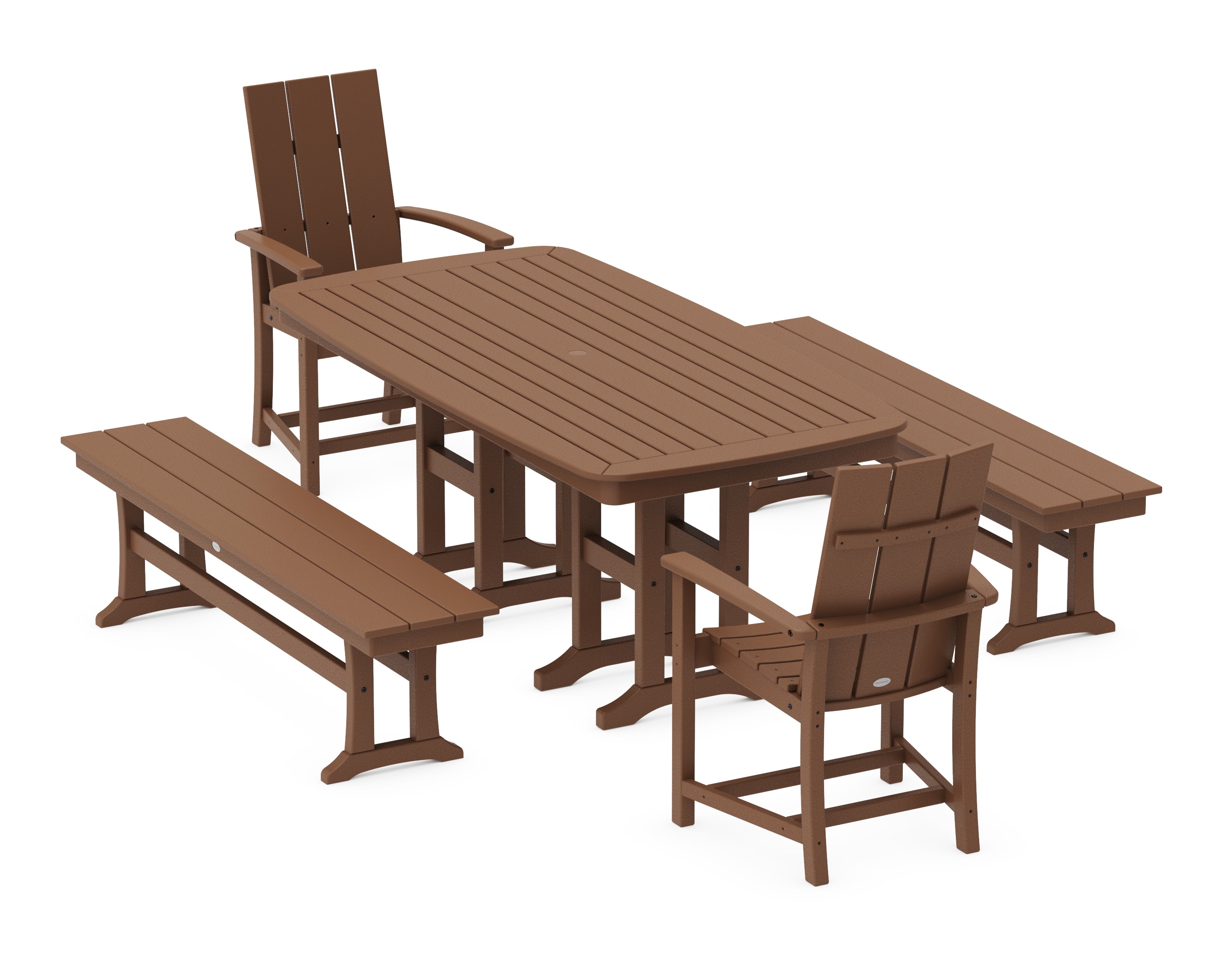 POLYWOOD® Modern Adirondack 5-Piece Farmhouse Dining Set with Benches in Teak