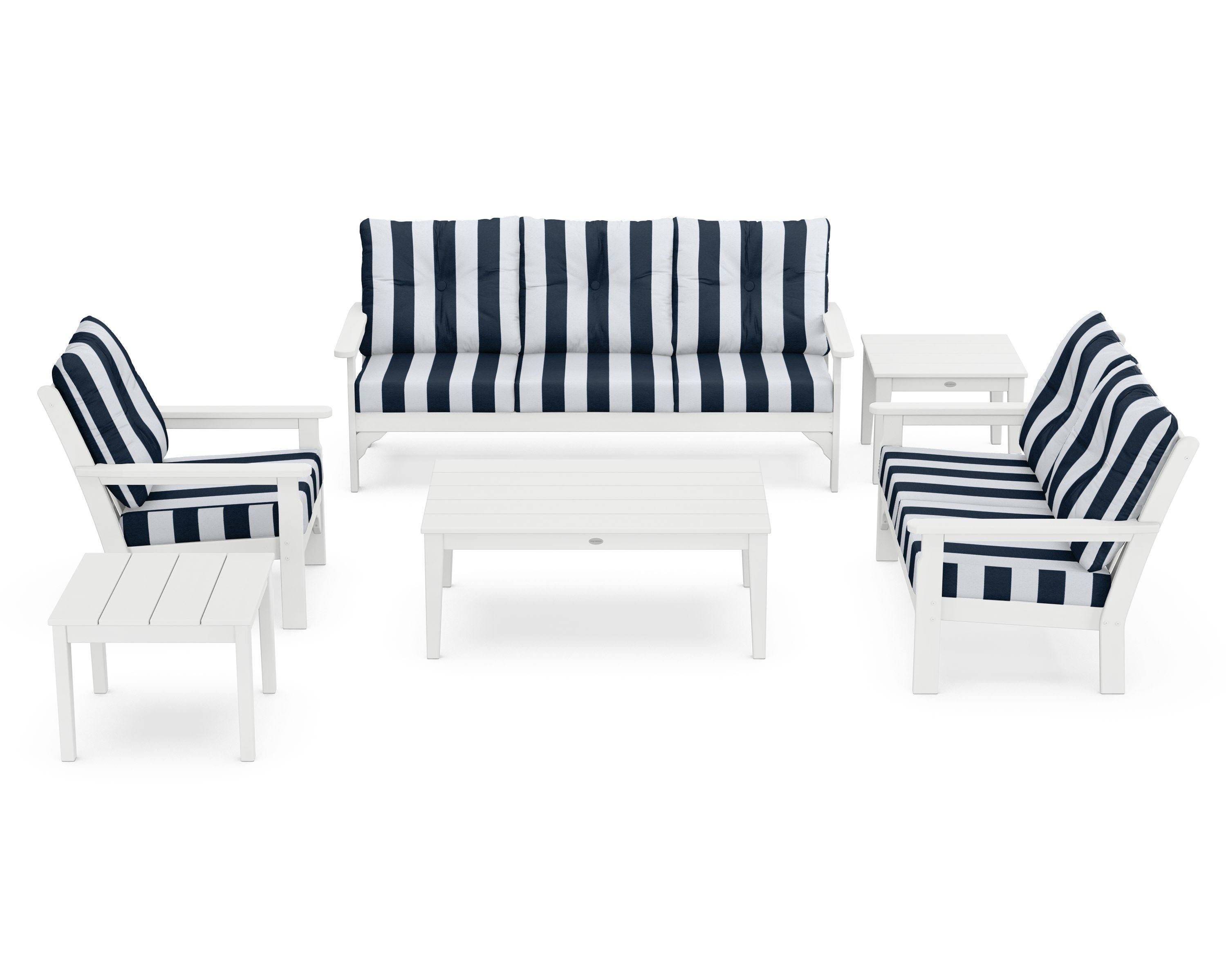 POLYWOOD® Vineyard 6-Piece Deep Seating Set in White / Cabana Stripe Marine Indigo