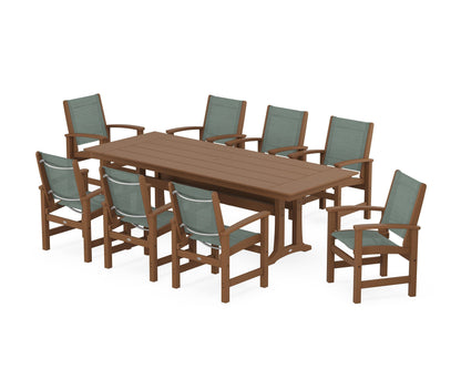 POLYWOOD® Coastal 9-Piece Farmhouse Dining Set with Trestle Legs in Teak / Dupioni Sea Mist Sling