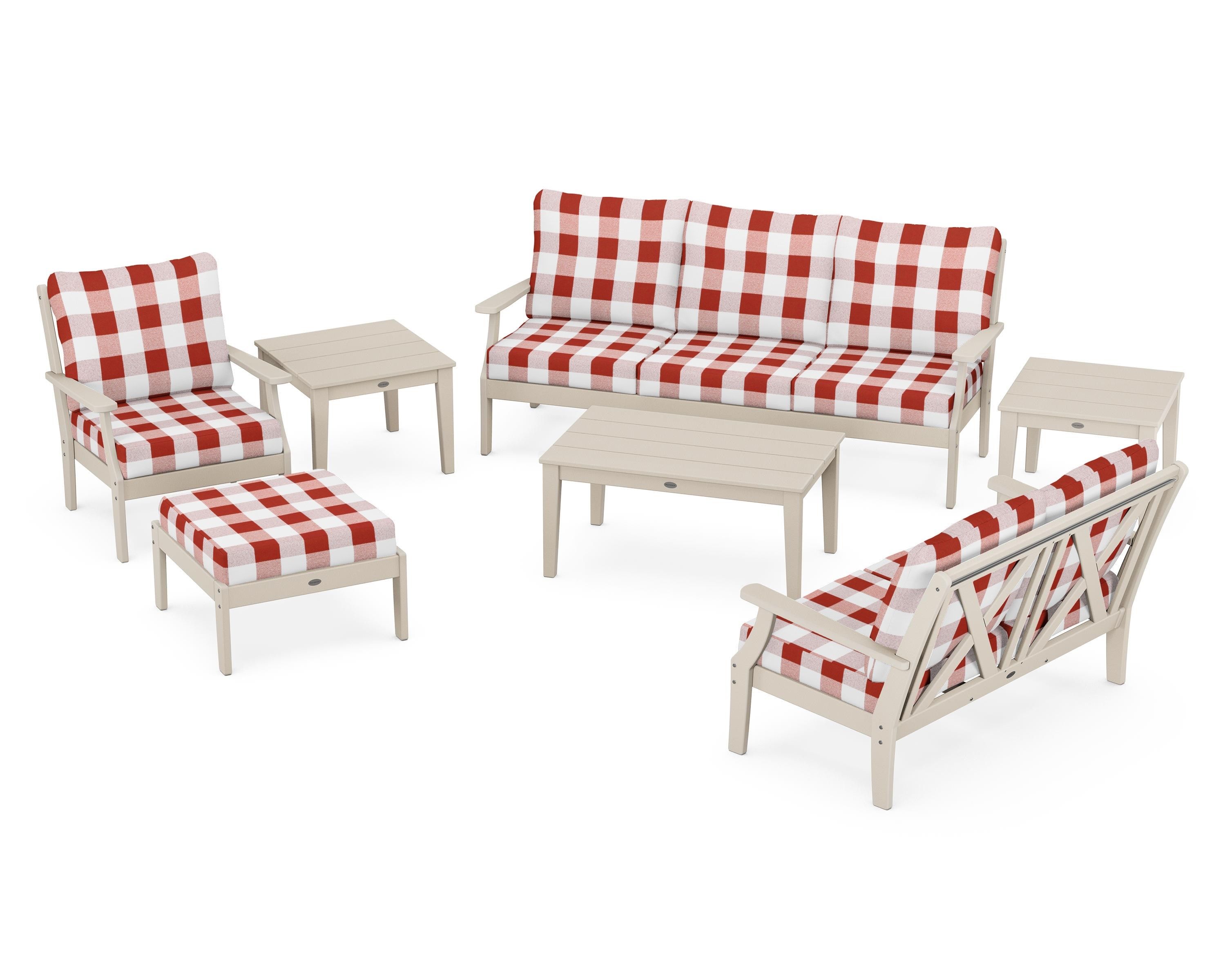 POLYWOOD® Braxton 7-Piece Deep Seating Set in Sand / Buffalo Plaid Crimson