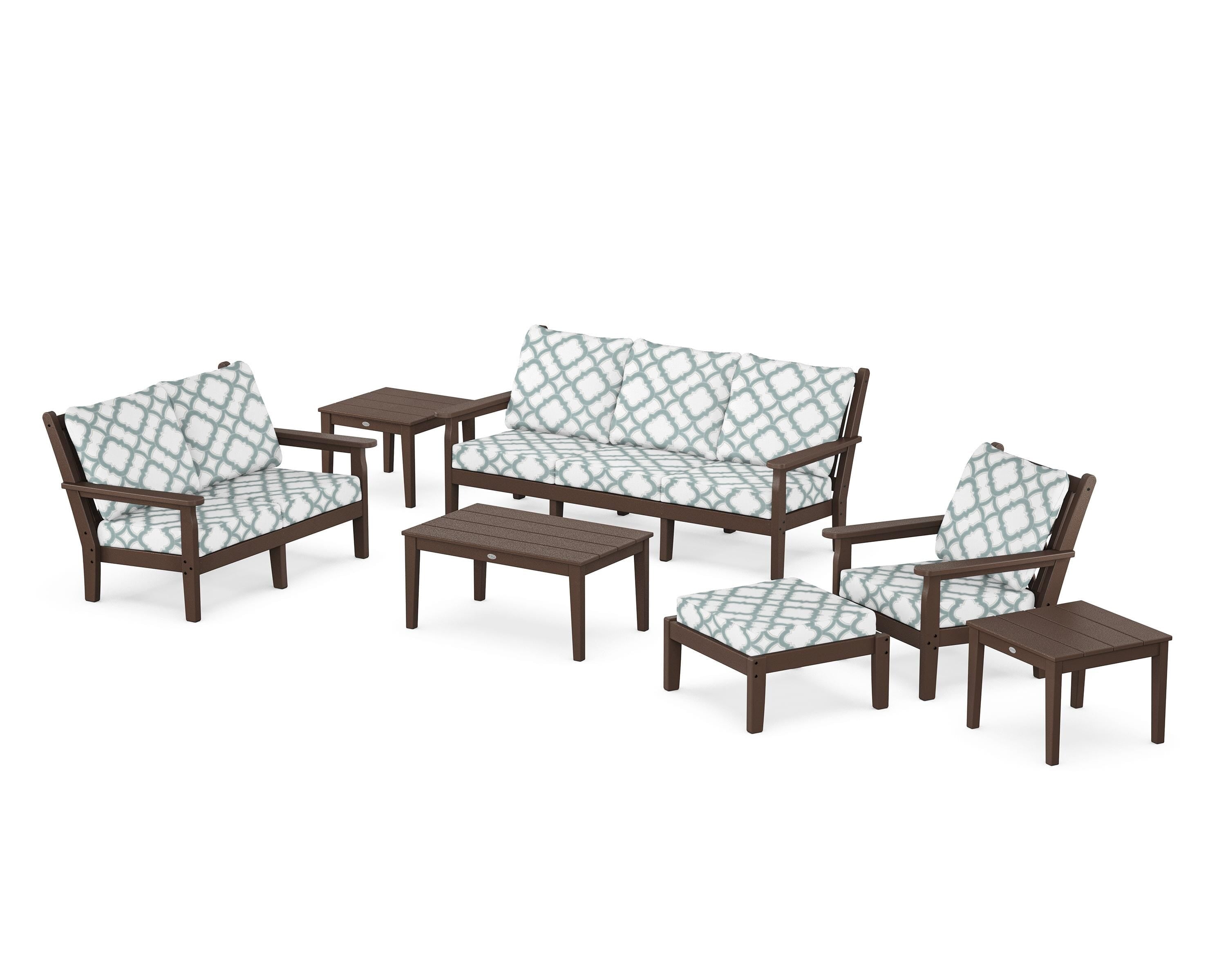 POLYWOOD® Chippendale 7-Piece Deep Seating Set in Mahogany / Trellis Glacier Spa