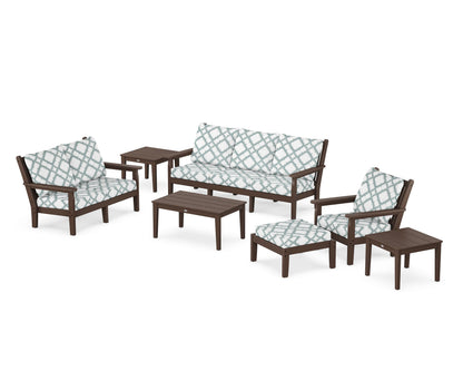 POLYWOOD® Chippendale 7-Piece Deep Seating Set in Mahogany / Trellis Glacier Spa