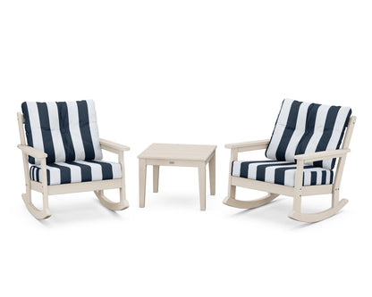 POLYWOOD® Vineyard 3-Piece Deep Seating Rocker Set in Sand / Cabana Stripe Marine Indigo