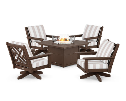 POLYWOOD® Chippendale 5-Piece Deep Seating Swivel Conversation Set with Fire Pit Table in Mahogany / Cabana Stripe Dune Burlap