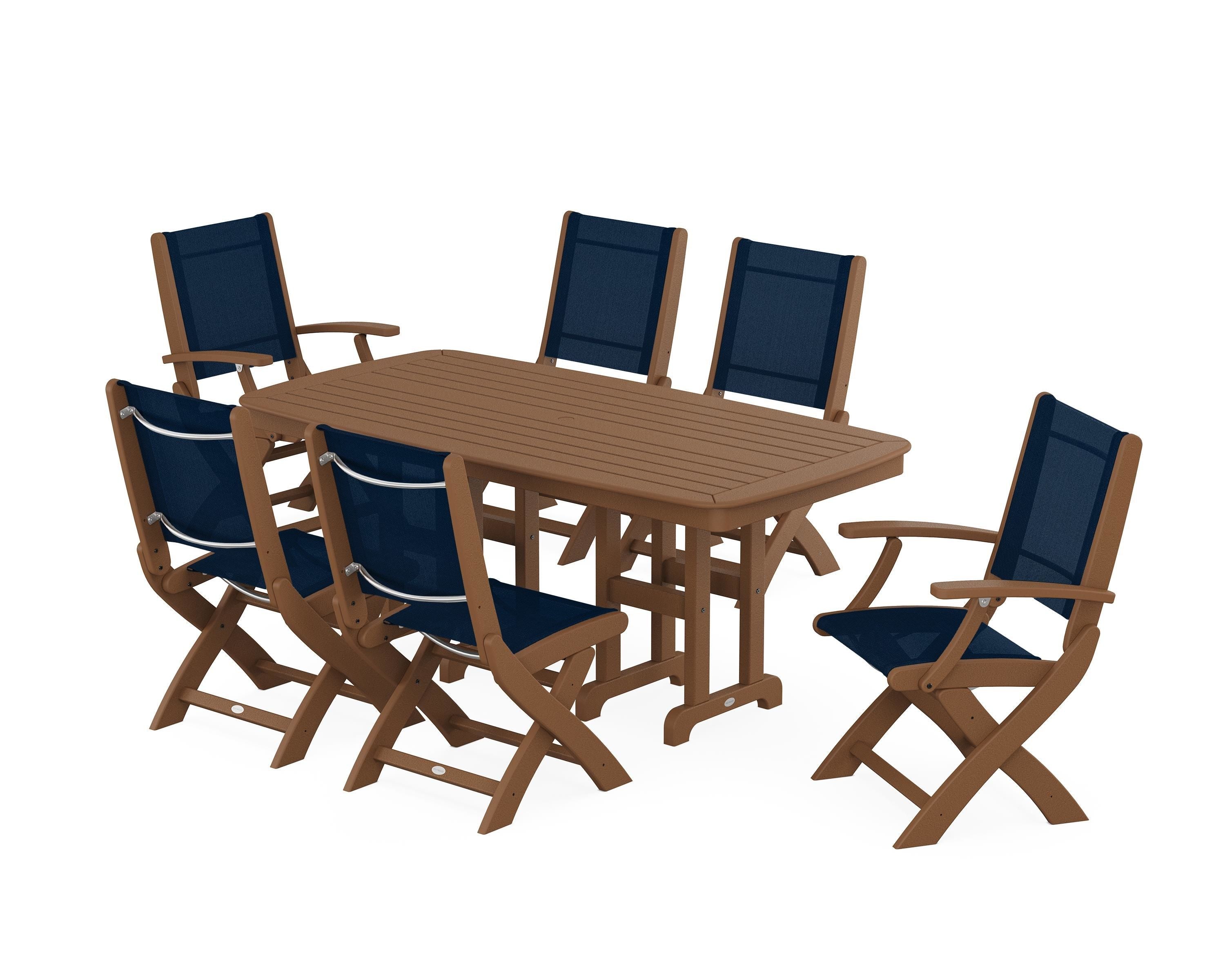 POLYWOOD® Coastal Folding Chair 7-Piece Dining Set in Teak / Navy Blue Sling