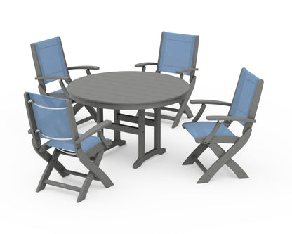 POLYWOOD® Coastal Folding Chair 5-Piece Round Dining Set in Slate Grey / Poolside Sling