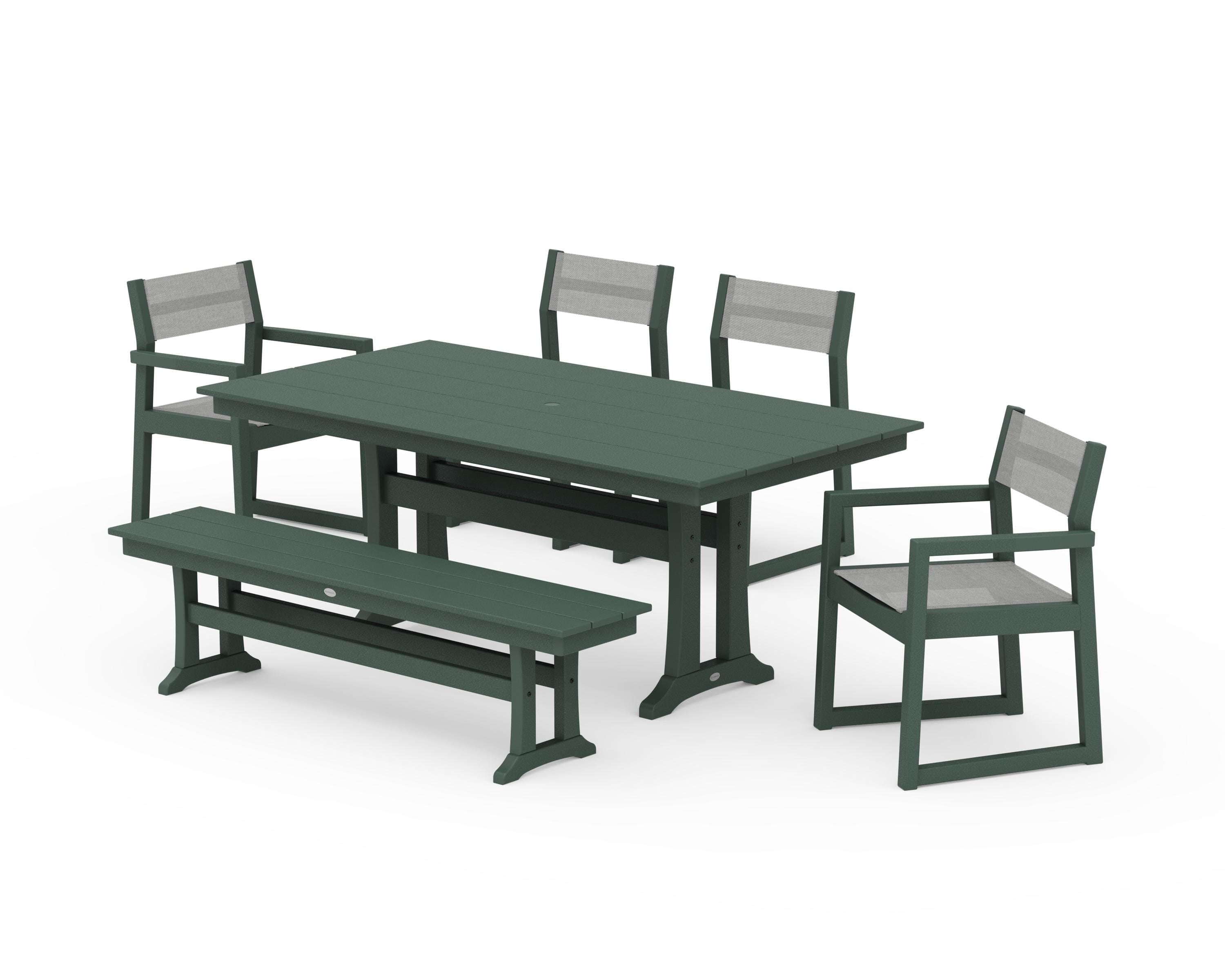 POLYWOOD® EDGE Sling 6-Piece Farmhouse Dining Set With Trestle Legs in Green / Metallic Sling