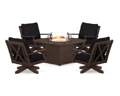 POLYWOOD® Braxton 5-Piece Deep Seating Swivel Conversation Set with Fire Pit Table in Mahogany / Midnight Linen