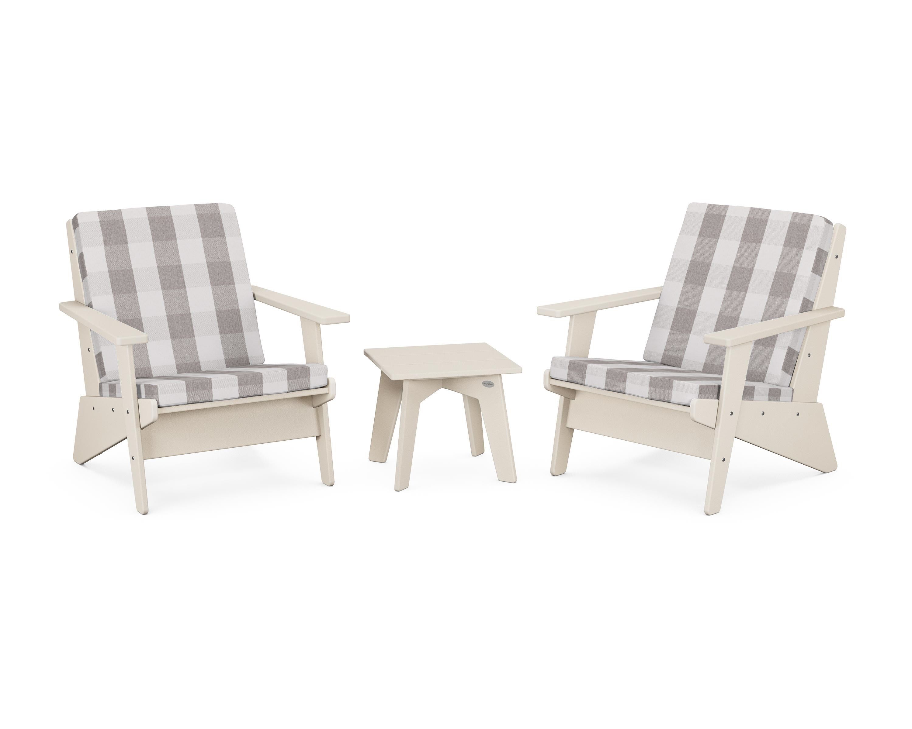 POLYWOOD® Riviera Modern Lounge 3-Piece Set in Sand / Buffalo Plaid Grey Mist